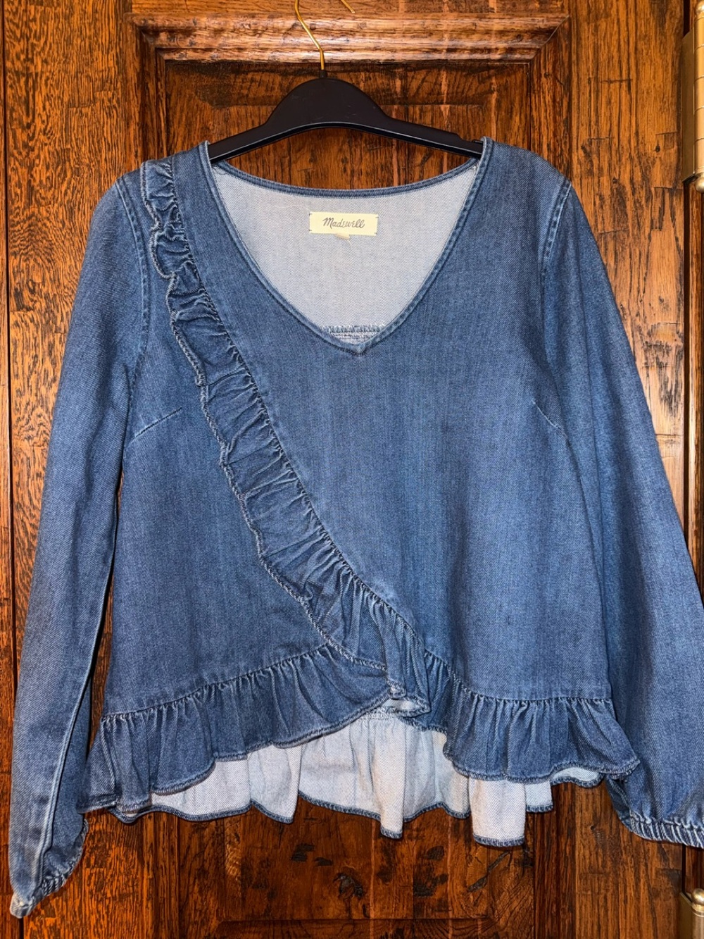 Madewell Blue Denim Ruffle V-Neck Pullover